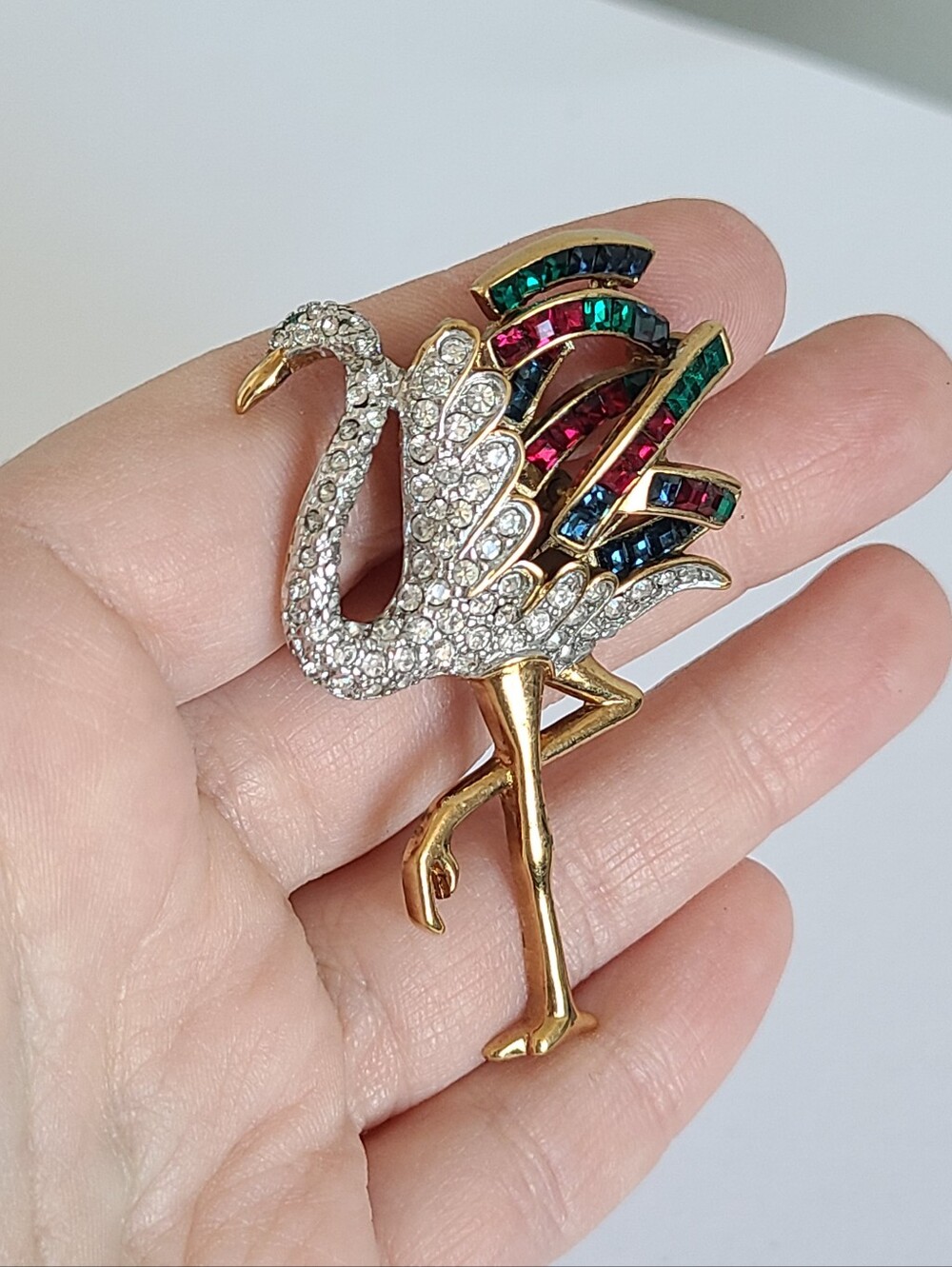 Vintage Ostrich Bird Baguette Carolee Colourful Pave Rhinestone Gold Brooch